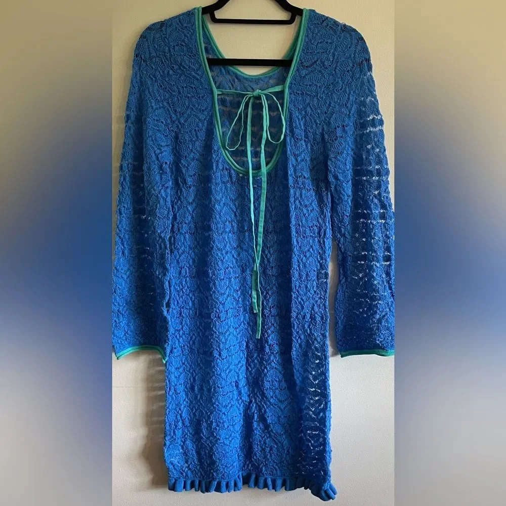 J Crew Limited Edition Blue Open Back Lace Mini Sweater Dress Size XL